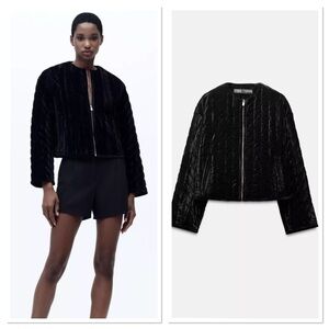 NWT Zara Quilted Velvet Front Front Zip Jacket Sz:XS Black